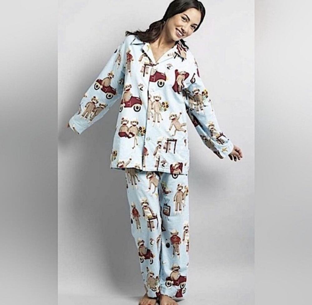 Nick & Nora Sock Monkey Pajama Set Top Pants XXL Flannel Blue Sleepwear Bottom